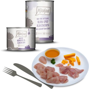 MjAMjAM Katzen-Nassfutter Duo Huhn & Kaninchen mit Kürbis, Dosen und Teller mit Zutaten.