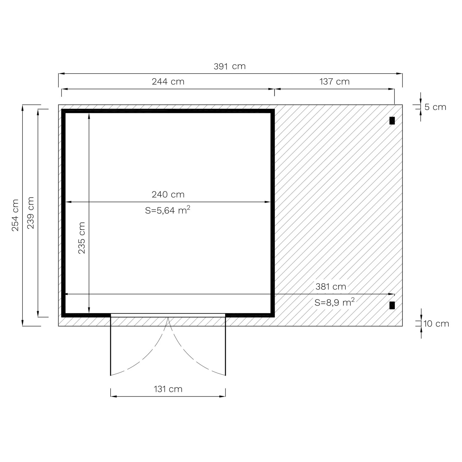 Skizze Bertilo Elementgartenhaus Alster 4 Plus XL: Maße 385x239 cm, inkl. Unterstand.