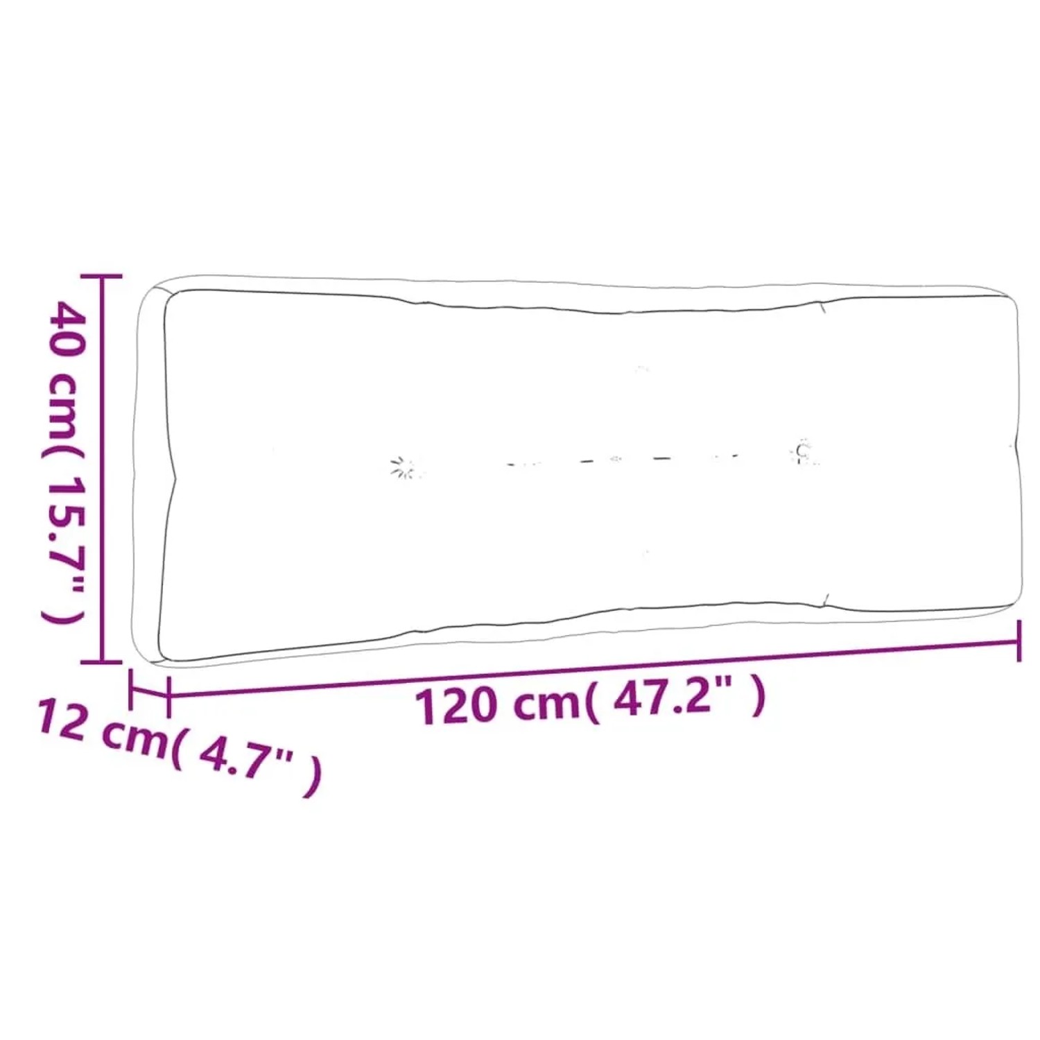 Paletten-Rückenkissen mit Maßen: 120 cm Länge, 40 cm Höhe, 12 cm Tiefe. Gartenstuhlauflage.
