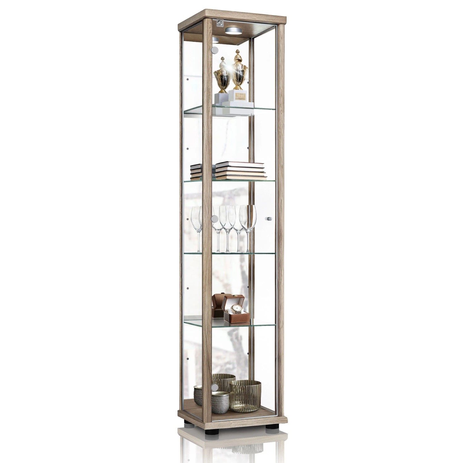 K-Möbel Sammlervitrine Stehend 176x37x33 cm Made in Germany mit Spiegel & Schloss & LED & Glasböden Sonoma Eiche