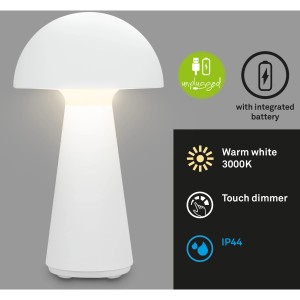 Weiße Brilo Akku-Tischleuchte Fungo, pilzförmiges Design, Touchdimmer, IP44 Spritzwasserschutz.