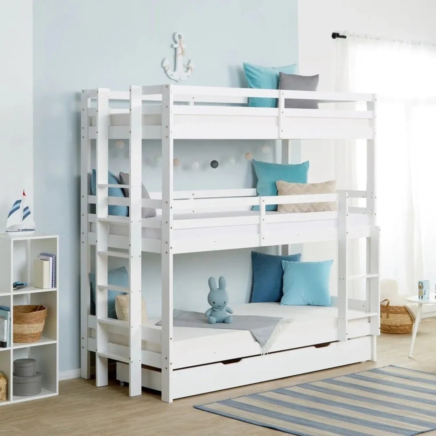 Homestyle4u Etagenbett mit Matratzen 90x200 cm Kinderbett Dreifachbett Hochbett Bettkasten_3