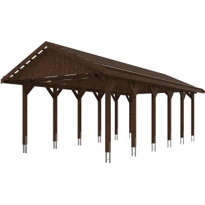 Satteldach-Carport Wallgau in Nussbaum, Holzkonstruktion mit Dachlattung und 12 Pfosten.