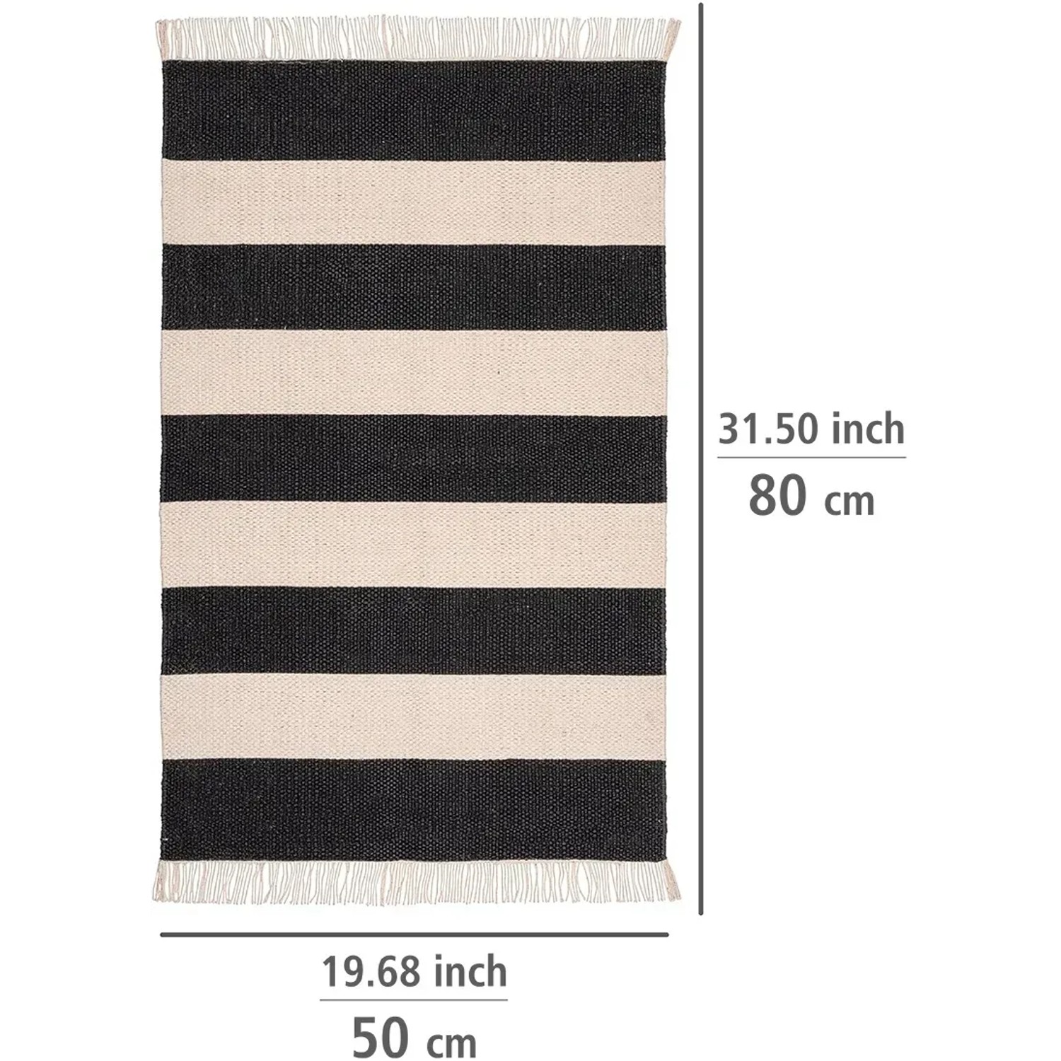 Wenko Badematte Kasi, 50x80 cm, aus recycelter Baumwolle mit schwarzen Streifen und Fransen.