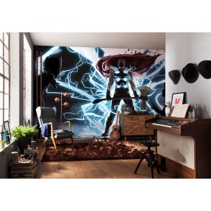 Komar Vliesfototapete „Thor God of Thunder“ im Wohnraum mit Sessel und Musikinstrumenten.