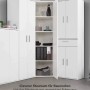 Weißer mokebo Eckschrank mit Regalfächern und Büromaterial, kombiniert mit weiteren Büroschränken.