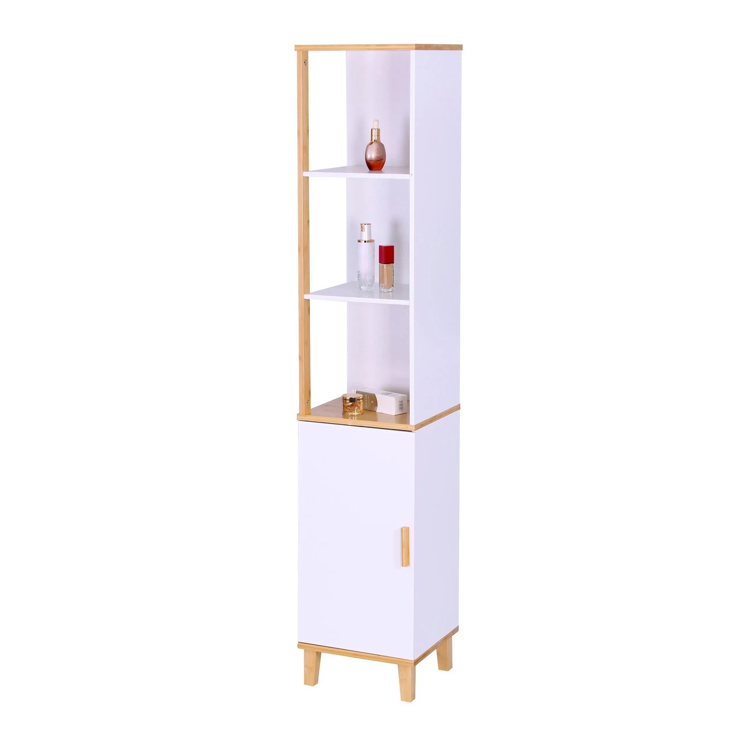 Relaxdays Badezimmerschrank MDF Bambus Weiß Natur mit 3 Fächern Verstellbar Kippsicher 169 cm x 33 cm x 31 cm 16 kg