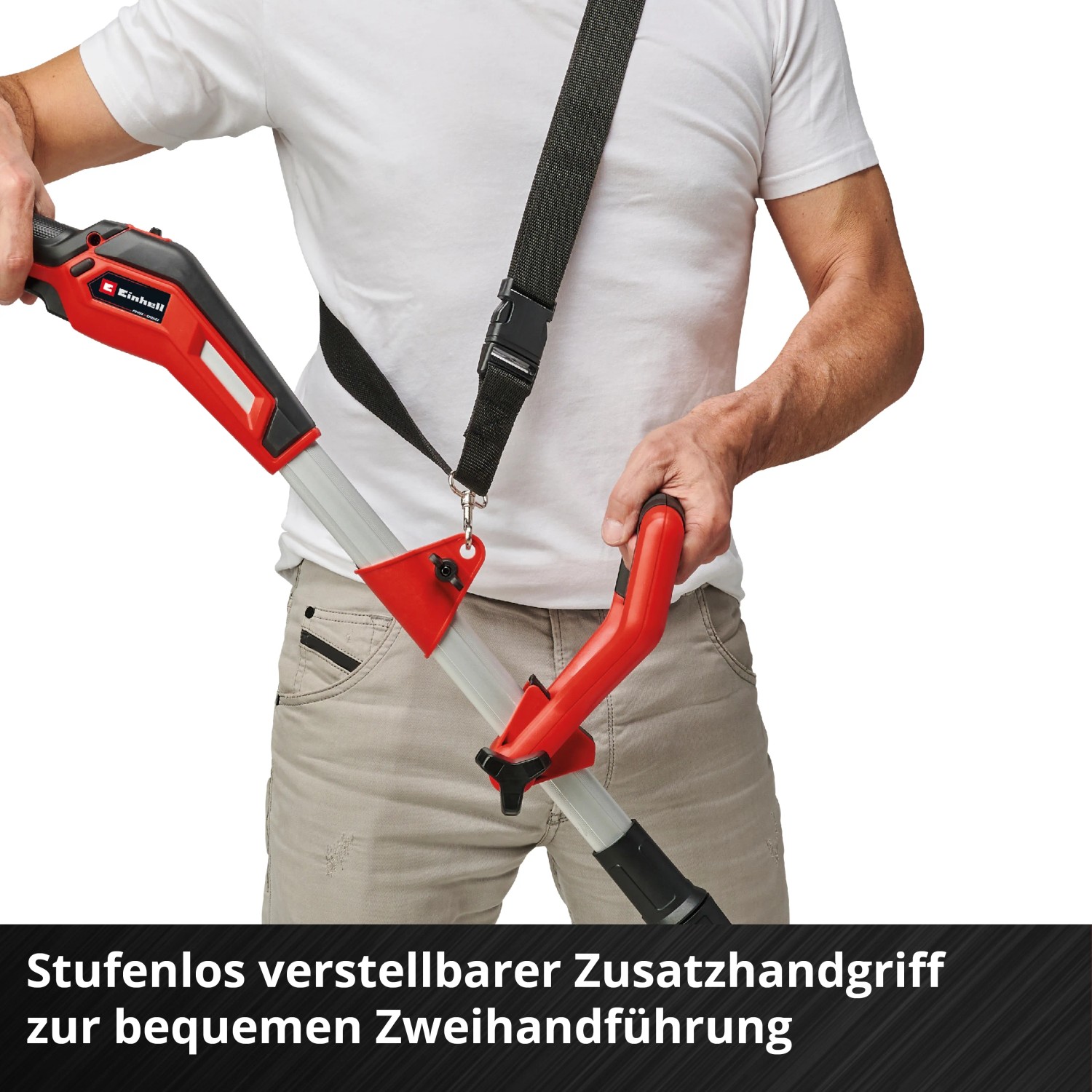 Einhell Akku-Rasentrimmer GE-CT 18/33 Li E-Solo mit Tragegurt und Zusatzhandgriff.