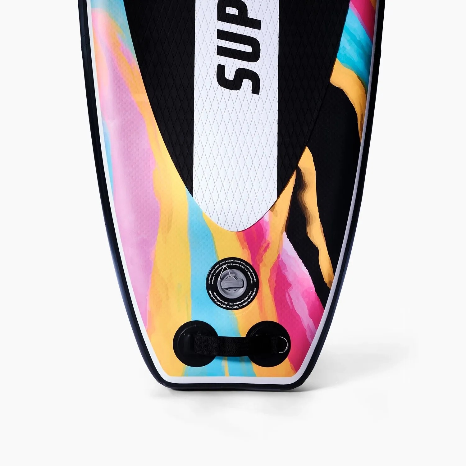 Vorderseite des Suprfit SUP Boards Aquarell mit farbigem Batik-Design, schwarzem Deckpad, Ventil und D-Ringen.