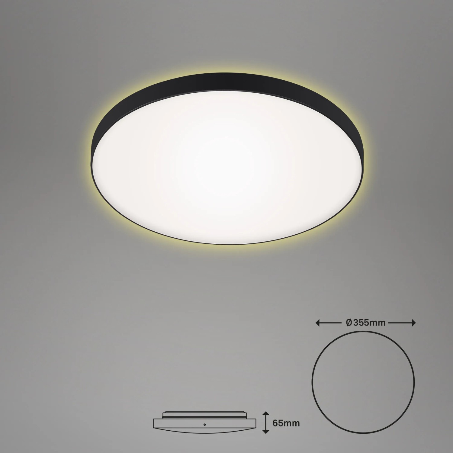 Briloner LED-Deckenleuchte Simpa, schwarz-weiße Lampe mit Backlighteffekt und Maßangaben.