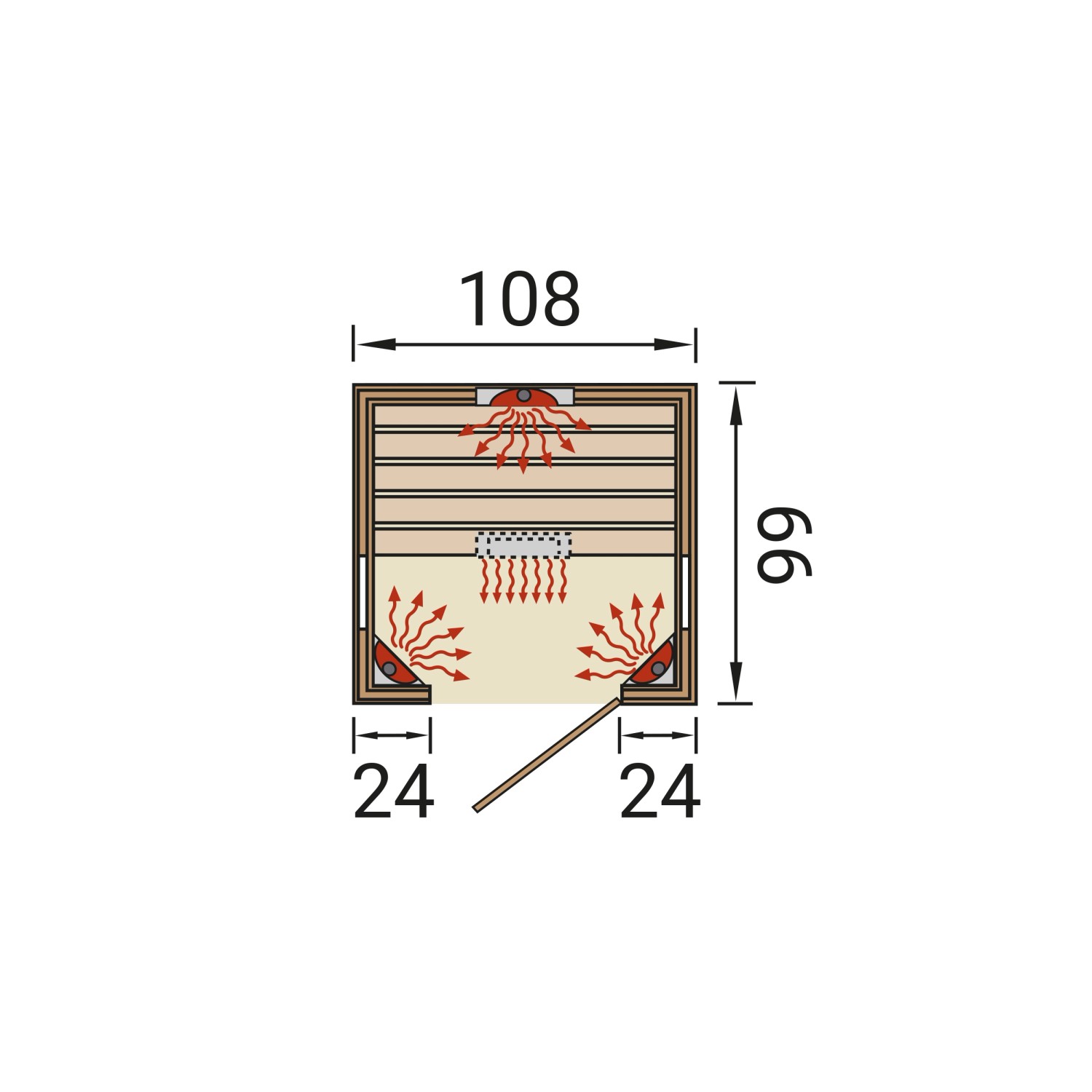 Grundriss der Weka Infrarotkabine Mila 1 mit Linienstrahler und Maßen.