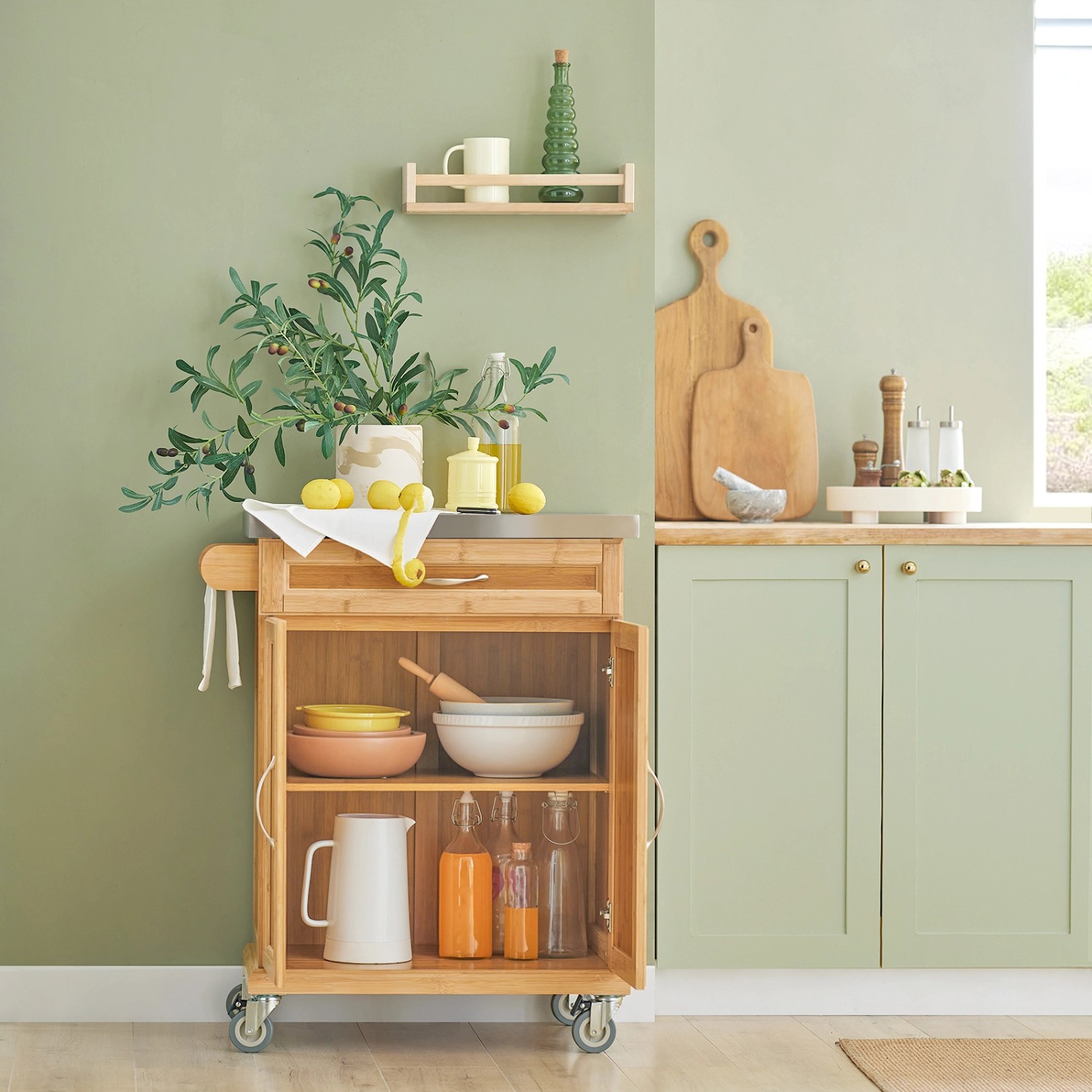 SoBuy Küchenwagen aus Bambus mit Edelstahltop, Servierwagen mit Schublade und Schrank.