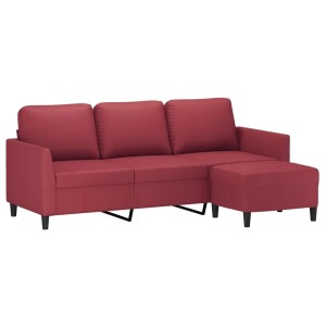Weinrotes 3-Sitzer-Sofa aus Kunstleder mit passendem Hocker. Modernes Dreisitzersofa für Wohnzimmer.