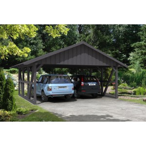Grauer Skan Holz Carport Schwarzwald mit Dachschalung für zwei PKW im Garten.