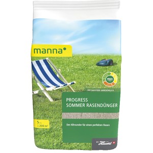 Verpackung Manna Progress Sommer Rasendünger 5 kg für einen grünen, dichten Rasen im Sommer.