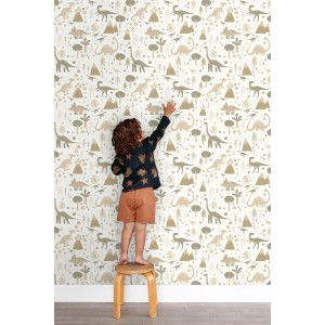 ESTAhome Tapete Dinosaurier Beige und Taupe 53 cm x 10.05 m