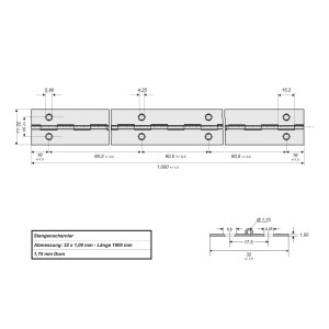 Technisches Diagramm SOTECH Stangenscharnier 1000x32x1mm aus poliertem Edelstahl für Möbelbau.