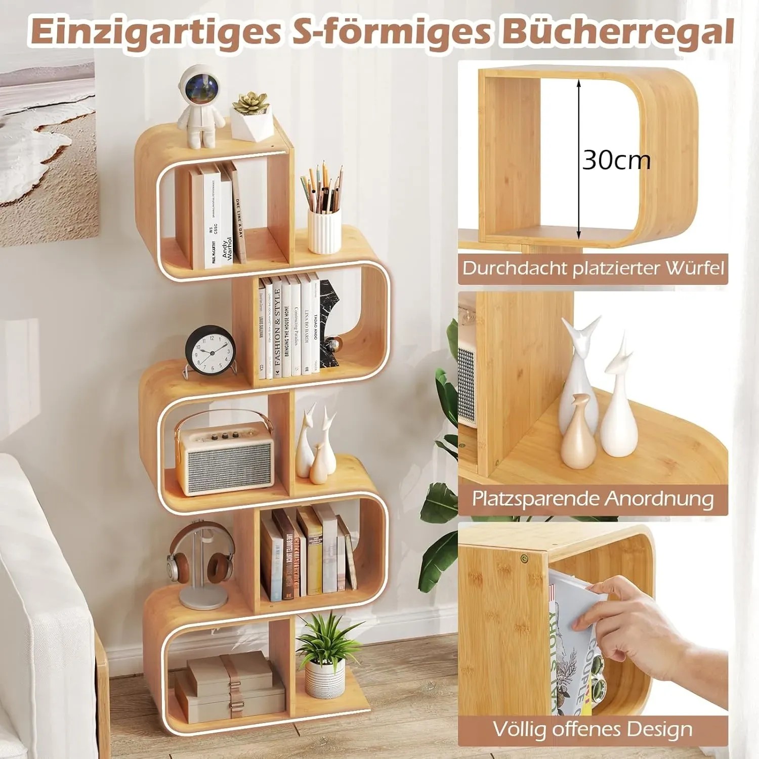Costway S-förmiges Bücherregal aus Bambus mit 5 Etagen, gefüllt mit Deko-Objekten.