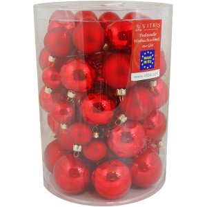 Vitbis Weihnachtskugel-Set, 60 rote Glaskugeln (ø 4-7cm) in transparenter Box, glänzend und matt.