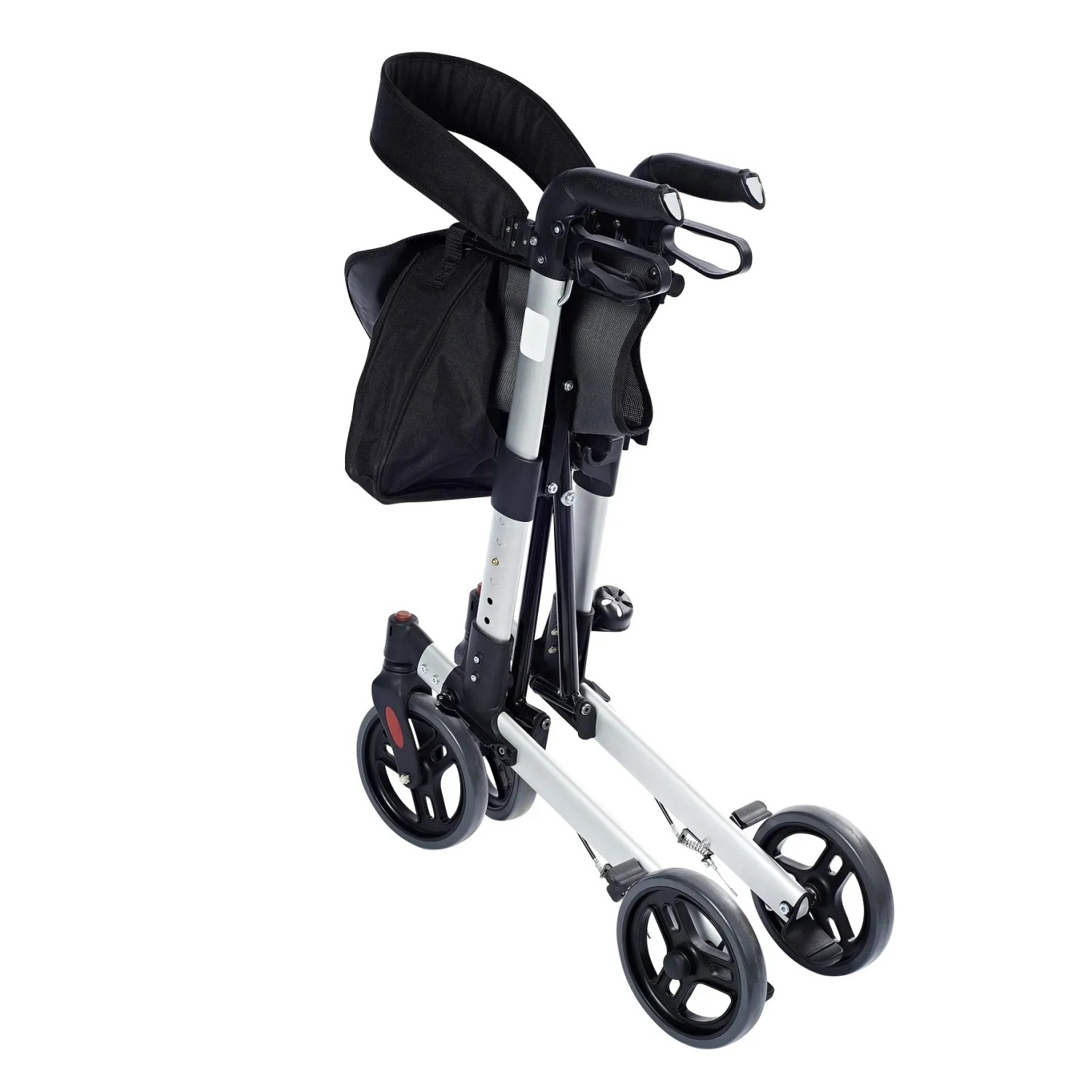 Zusammengeklappter Ridder Rollator Premium in Silber und Schwarz mit Tasche und Rückengurt.