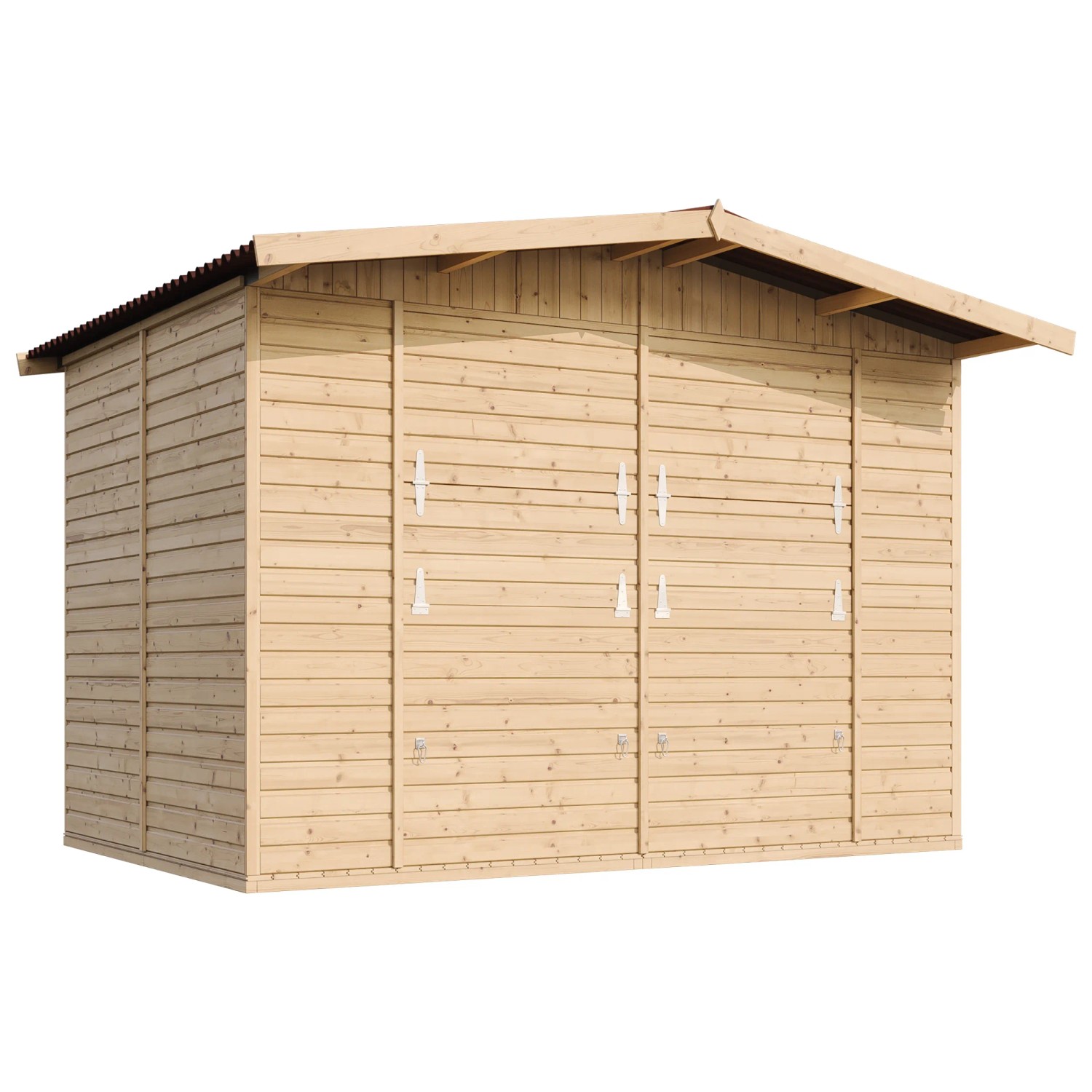 Timbela Marktbude M150 aus Holz, 6,03 m² mit Theken und Stauraum.