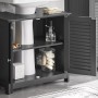 Grauer SoBuy Waschbeckenunterschrank mit 2 Lamellentüren, offen, zeigt verstellbares Regal und Siphonausschnitt. Badschrank.