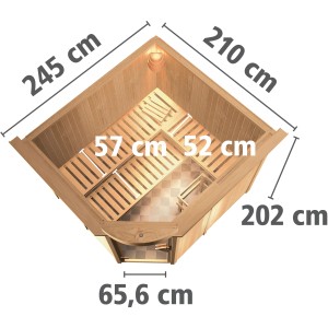 Draufsicht Karibu Sauna Freyja 3 mit Ofen, Außenmaße und Liegen aus Holz.