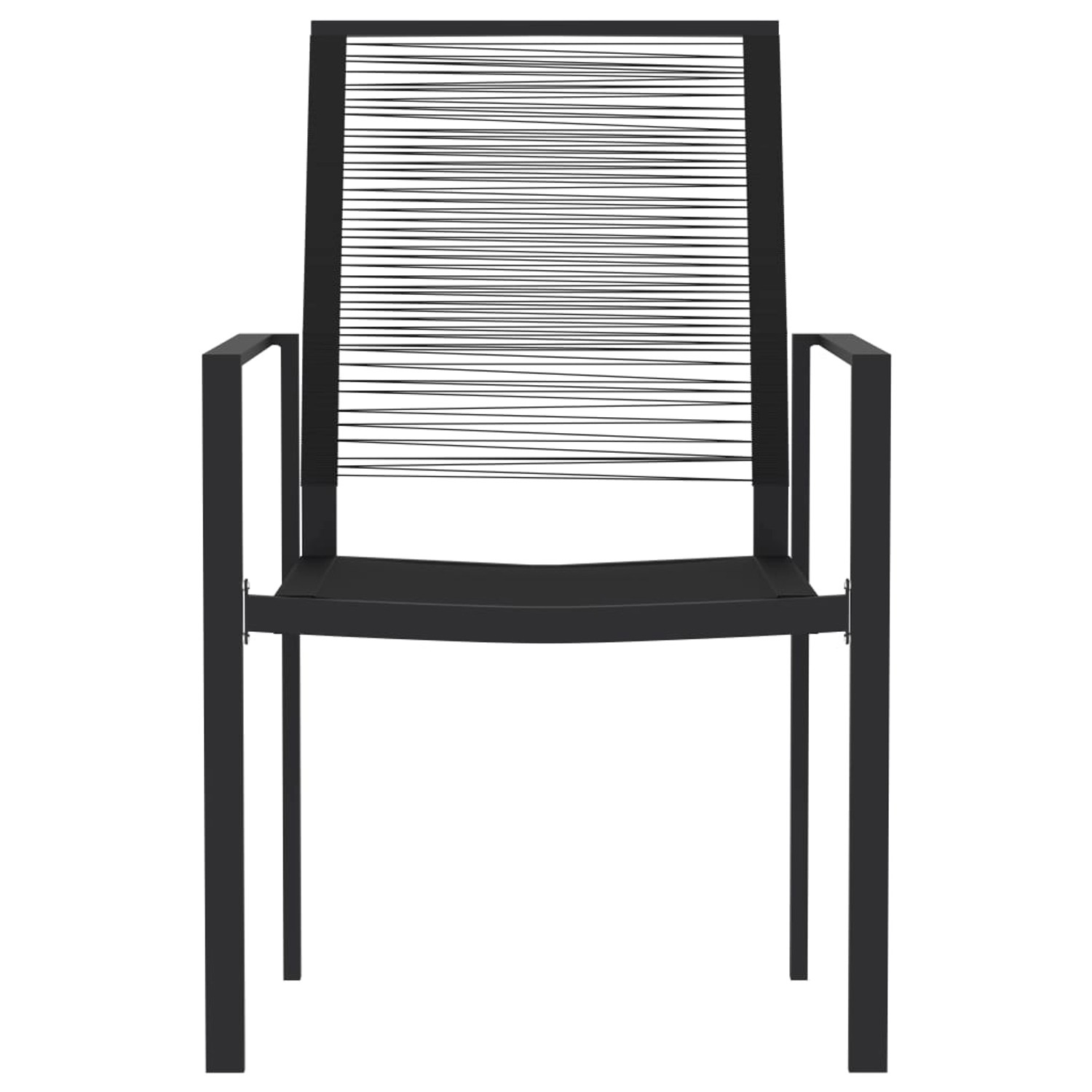 Schwarzer Gartenstuhl aus der vidaXL 7-Tlg Essgruppe mit Stahlrahmen und Rattangeflecht.