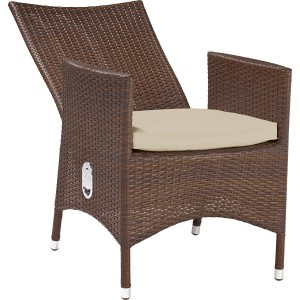 Brauner Gartensessel Davenport II aus Polyrattan mit verstellbarer Rückenlehne und beigem Sitzkissen.
