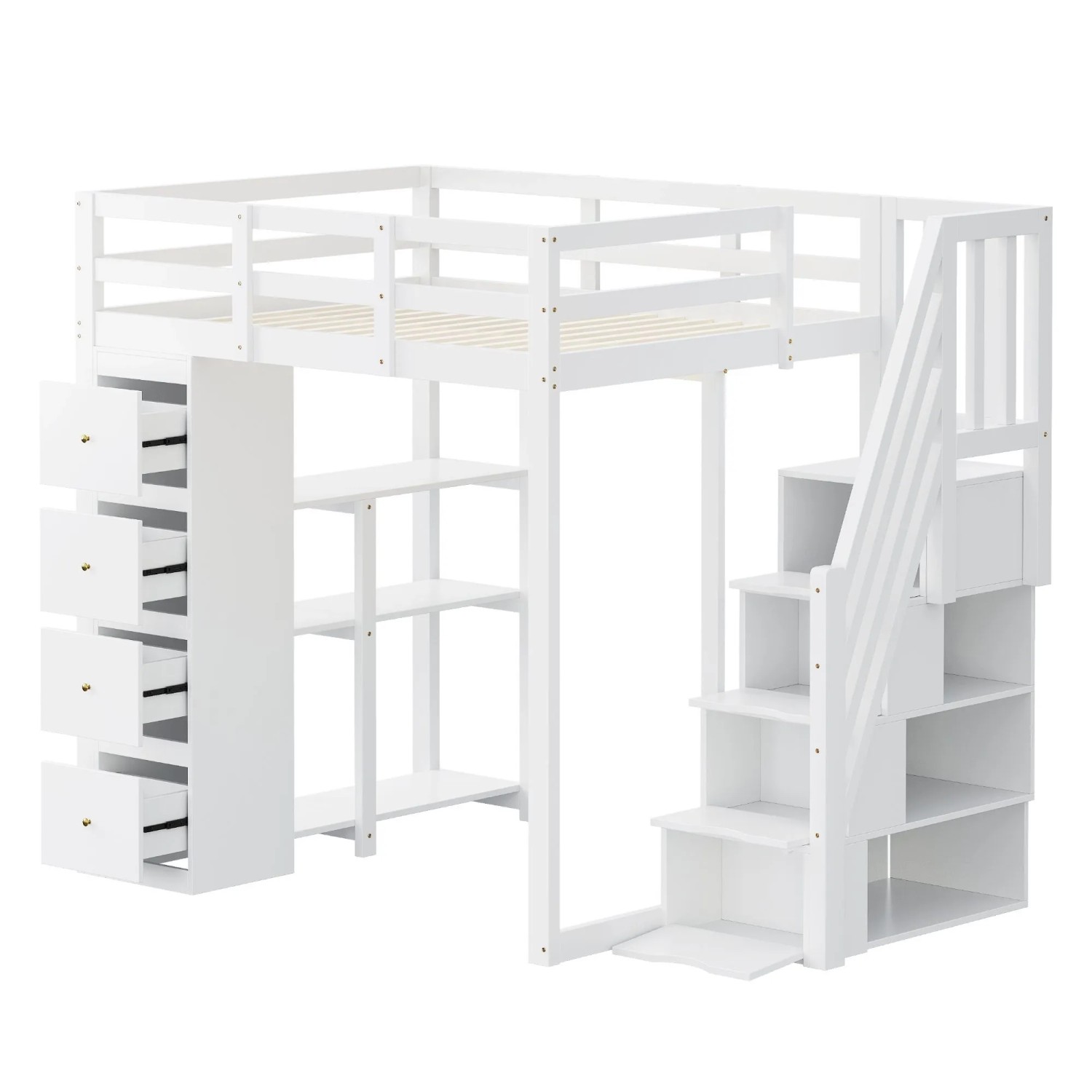 okwish Hochbett 90x200cm mit Stauraumregal und Schubladen Weiß ohne Matratze
