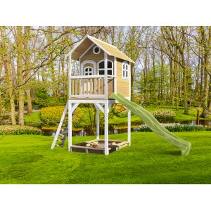Axi Spielhaus Romy mit Rutsche, braun/weiß, 420x192x320 cm, mit Sandkasten und Leiter.