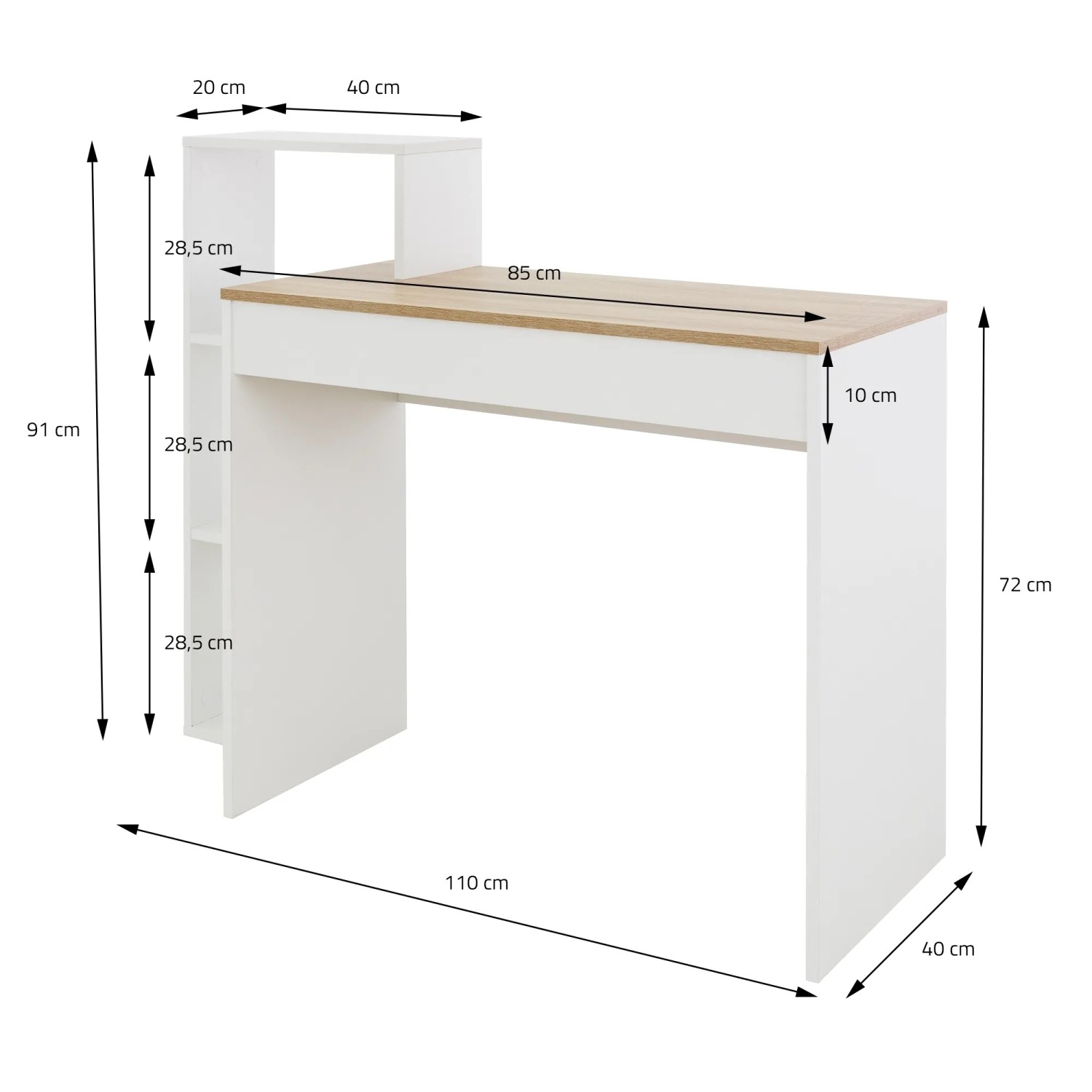 ML-Design Schreibtisch mit Regal, weiß/Sonoma-Eiche, 110x72x40 cm. Bürotisch mit Stauraum.