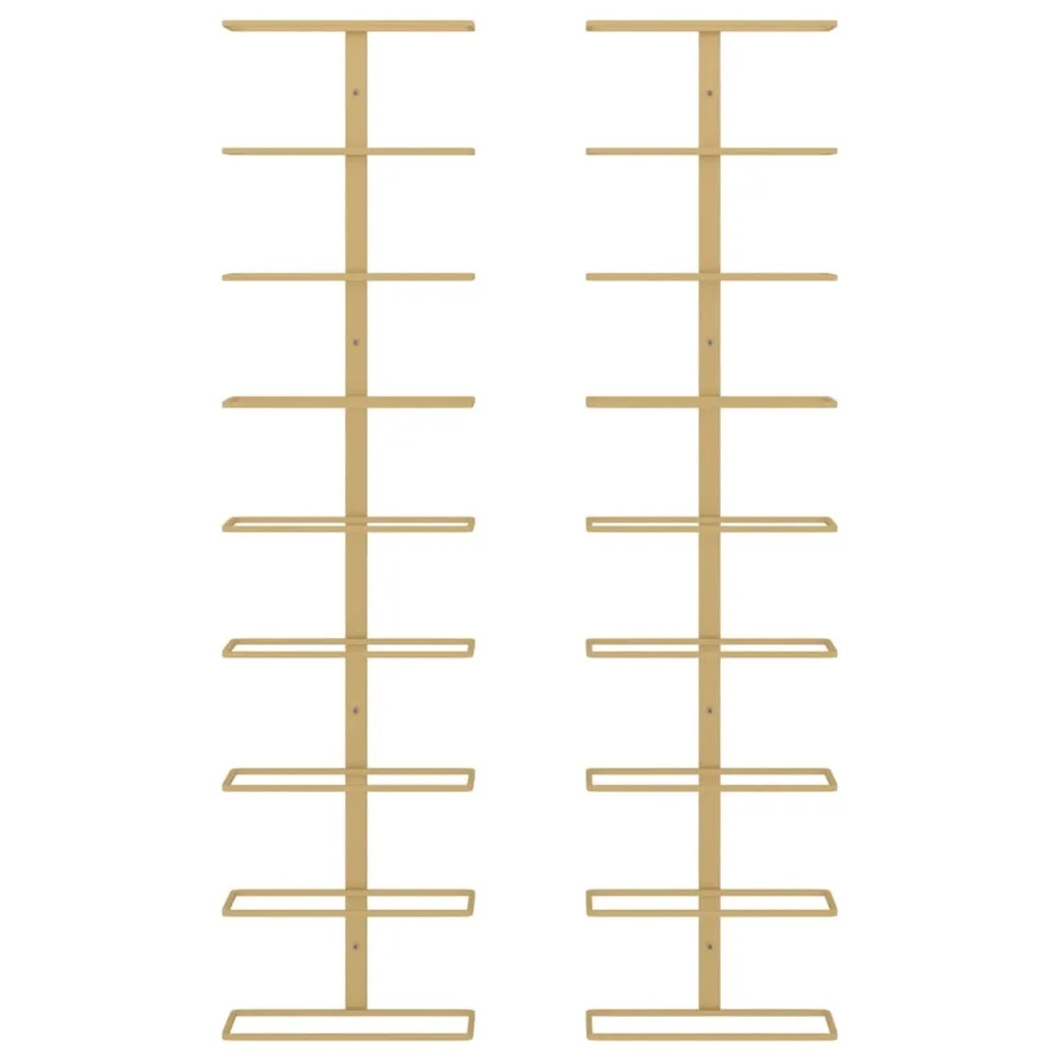 Zwei goldene Wand-Weinregale für je 9 Flaschen, gefertigt aus Eisen.