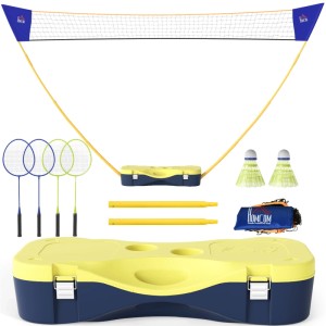 HOMCOM Badminton Set mit gelb-blauem Netz, 4 Schlägern, 2 Federbällen und tragbarem Kunststoffkoffer.