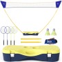 HOMCOM Badminton Set mit gelb-blauem Netz, 4 Schlägern, 2 Federbällen und tragbarem Kunststoffkoffer.