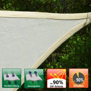 Beiges HDPE Sonnensegel mit verstärktem Rand, zeigt winddurchlässige, atmungsaktive Struktur und 90% UV-Schutz.