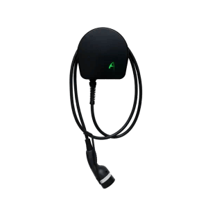 Schwarze Alphatec Wallbox Mini mit Kabel und Schlüssel für Elektroautos.