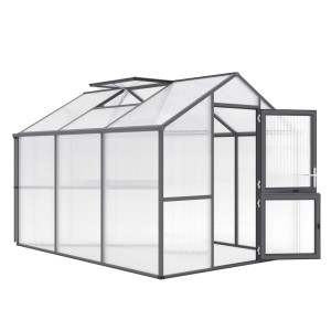 KGT Gewächshaus, 7,53 m², Anthrazit-Grau, mit geöffneter Tür und Dachfenster.