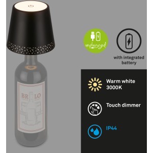 Brilo Akku-Flaschenlicht Flaska, schwarz, warmweiß, dimmbar, für stimmungsvolle Außen- und Innenbeleuchtung.