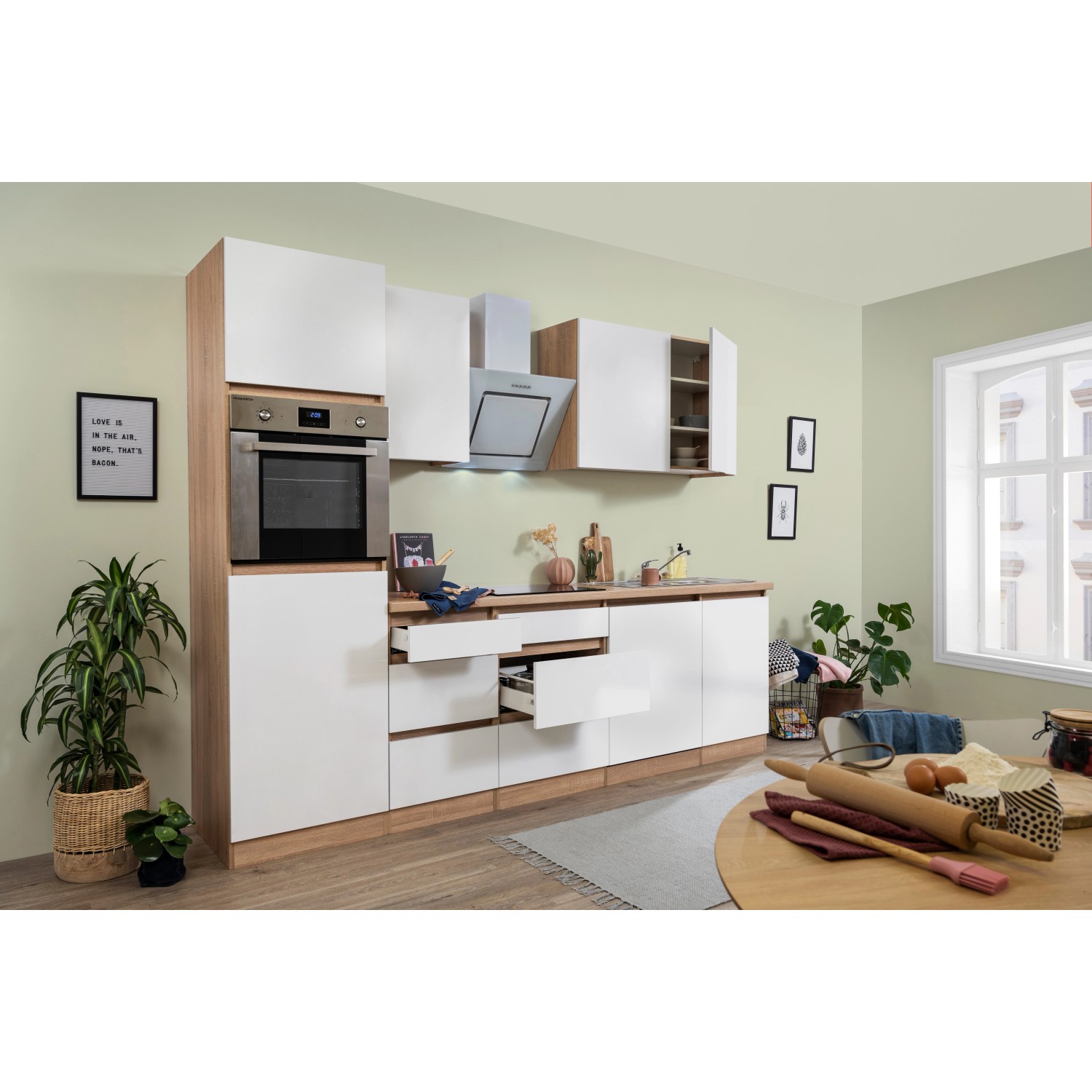 Respekta Küchenzeile/Küchenblock GLRP280HESWM Grifflos 280 cm Weiß matt-Sonoma Eiche