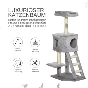 Grauer PawHut Kratzbaum mit Höhle, Leiter und Liegeflächen, ideal zum Spielen und Ausruhen für Katzen.
