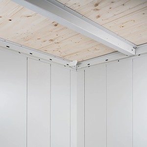 Innenansicht Biohort Gerätehaus Neo 2B, Doppeltür, Silber-Metallic, Metallkonstruktion, Holzboden.