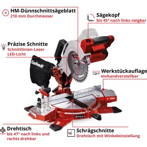 Einhell Akku-Kappsäge TE-MS 18/210 Li Solo: Rote Kapp- und Gehrungssäge mit Drehtisch und Werkstückauflage.