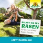 Vater hebt Kind auf Rasen, daneben Werbung für Neudorff Azet Rasenkalk für moosfreien Rasen.