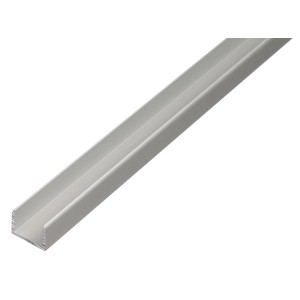 Silbernes U-Profil aus Aluminium, 10x10x1000 mm, ideal für Konstruktionen und als Kantenschutz.