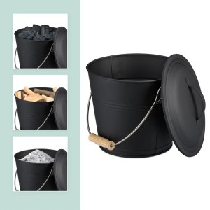 Schwarzer Relaxdays Ascheeimer mit Deckel und Kehrset (4,5 l) für Kamin & Ofen.