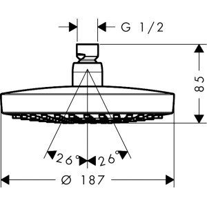 Technische Zeichnung Hansgrohe Croma Select S Kopfbrause 180 2jet Chrom mit Maßen.