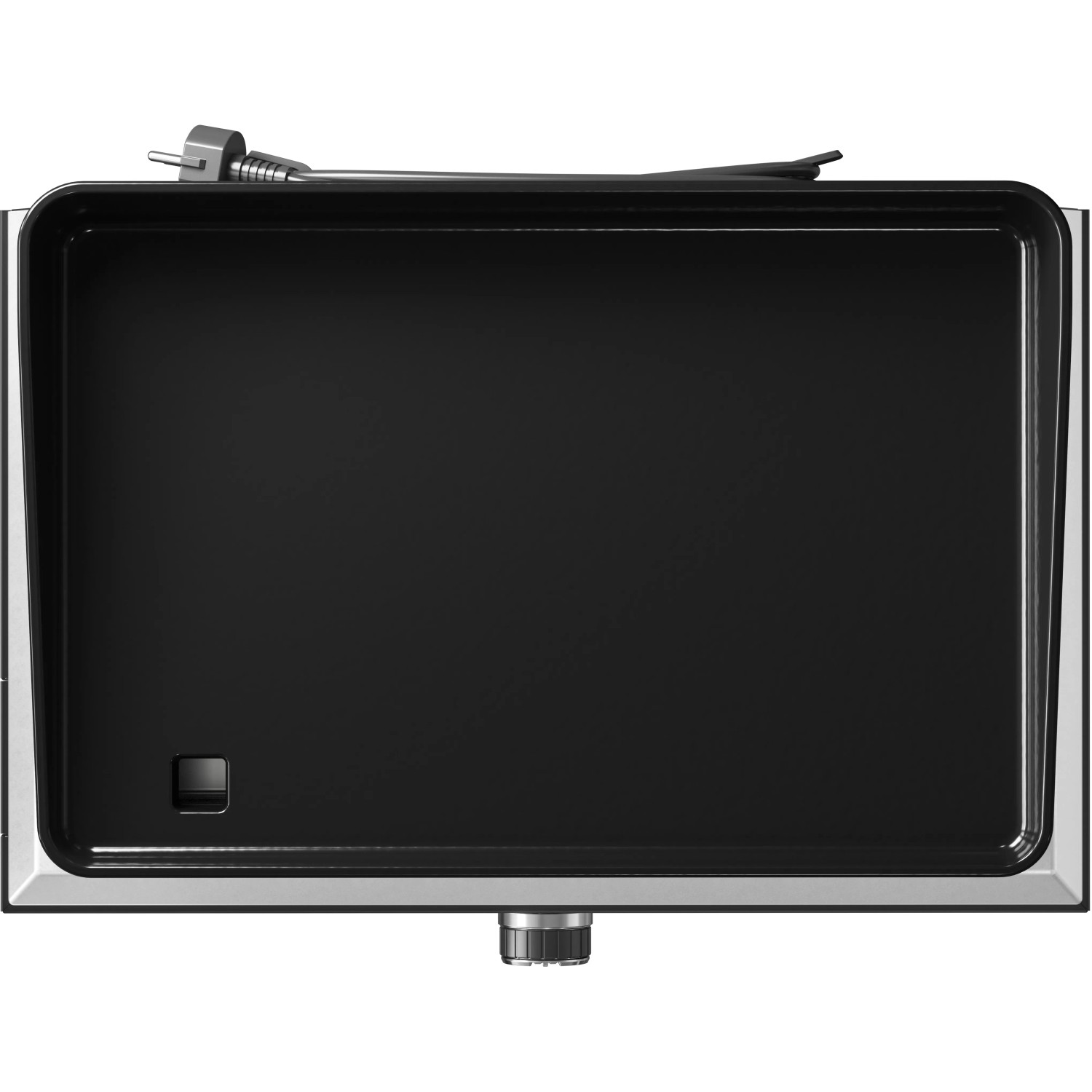 Campingaz Elektrogrill Plancha Electric 1 XD, Aufsicht. Grillplatte aus Gusseisen, silberner Rahmen.