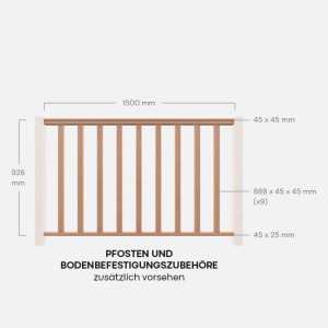 Kordo Füllset für Holzgeländer, 1,5m Buche, bestehend aus Handlauf, Pfosten und Querstrebe.