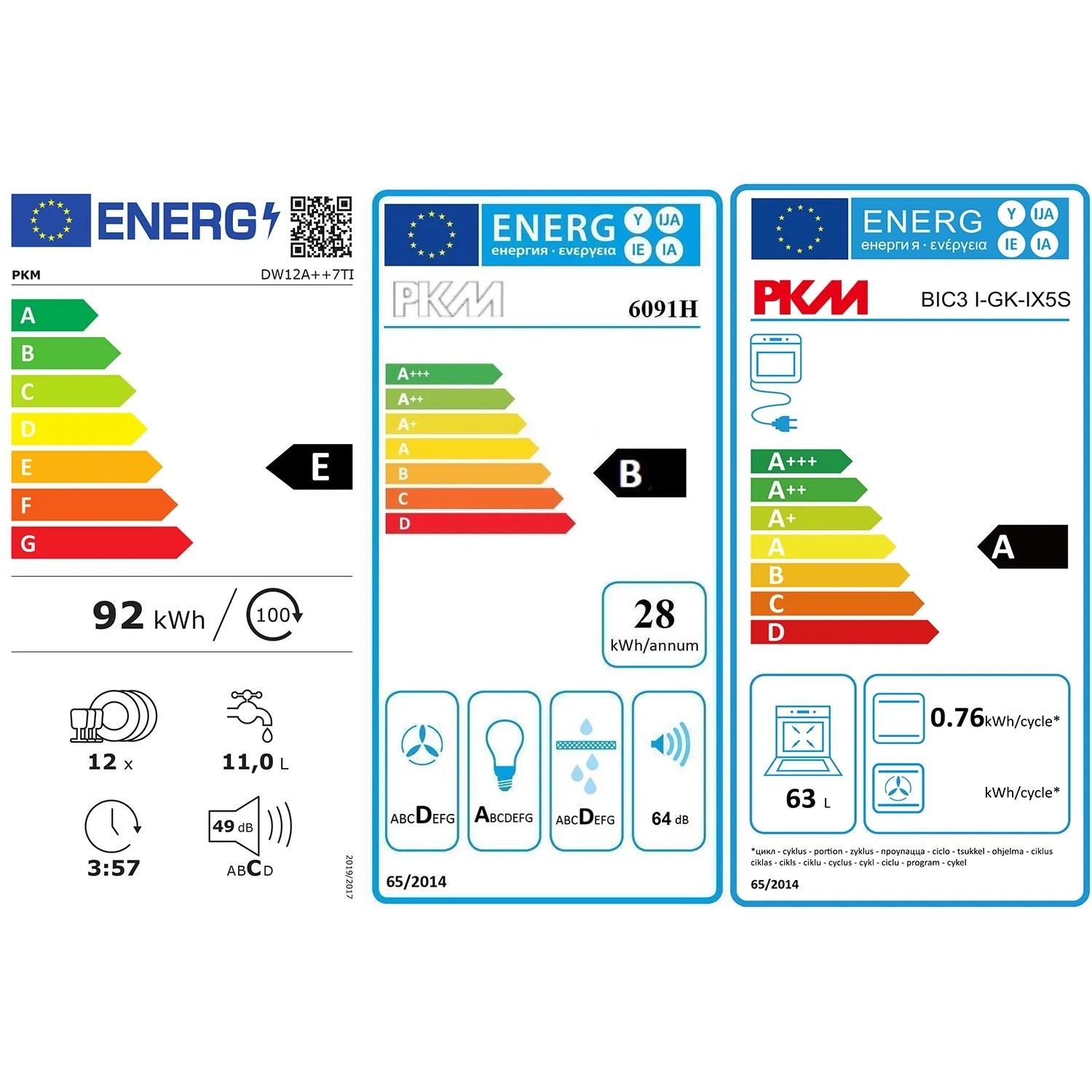 Energieetiketten für PKM Geschirrspüler, Herd und Backofen mit Effizienzklassen.